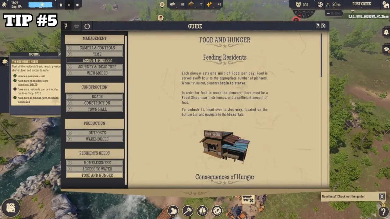 The in-game Guide's Food and Hunger page: each pioneer eats one unit of food per day, delivered by a Food Shop. Wild West Pioneers in-game guide page Food and Hunger, Feeding Residents