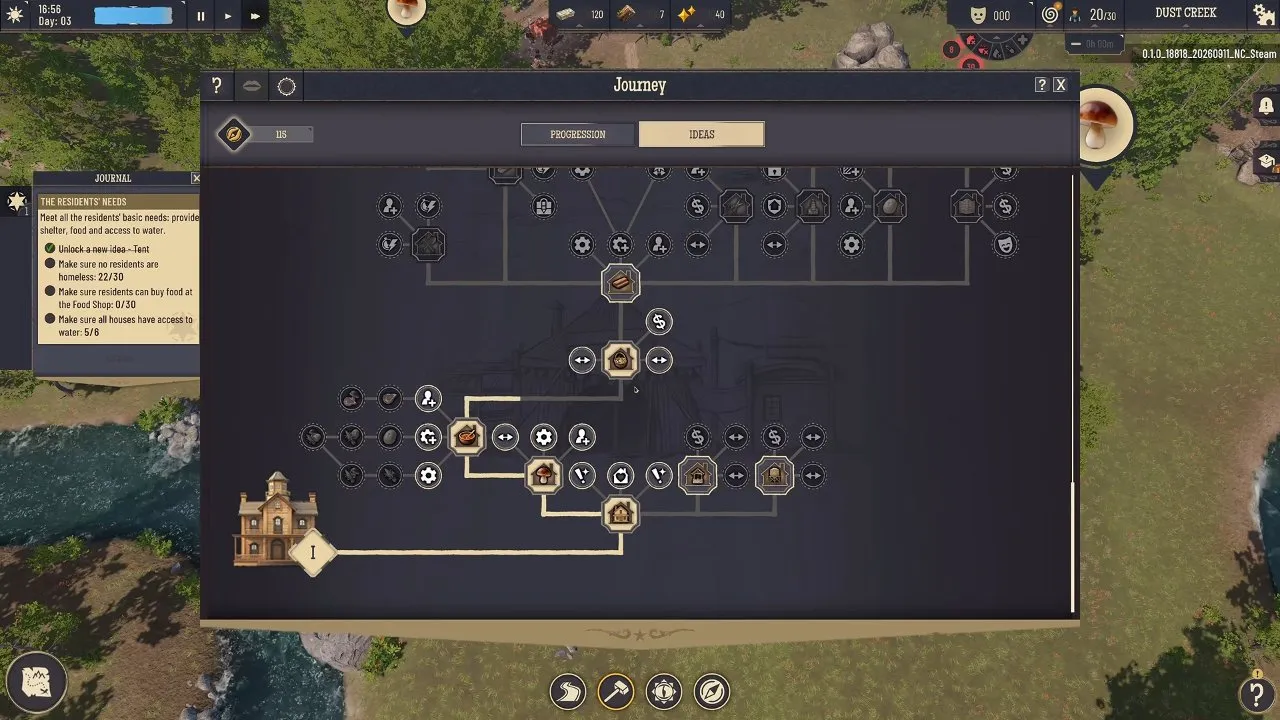 Journey > Ideas: unlock the Food Shop here before looking for it in the build menu. Wild West Pioneers Journey window with the Ideas tree used to unlock the food shop