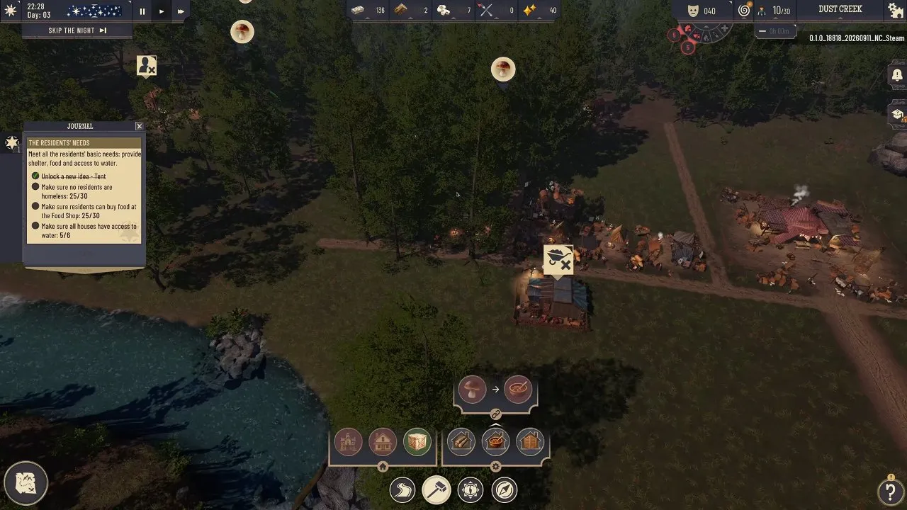 Placing the kitchen from the build menu, close to the warehouse. Wild West Pioneers build menu with the kitchen selected near a river settlement