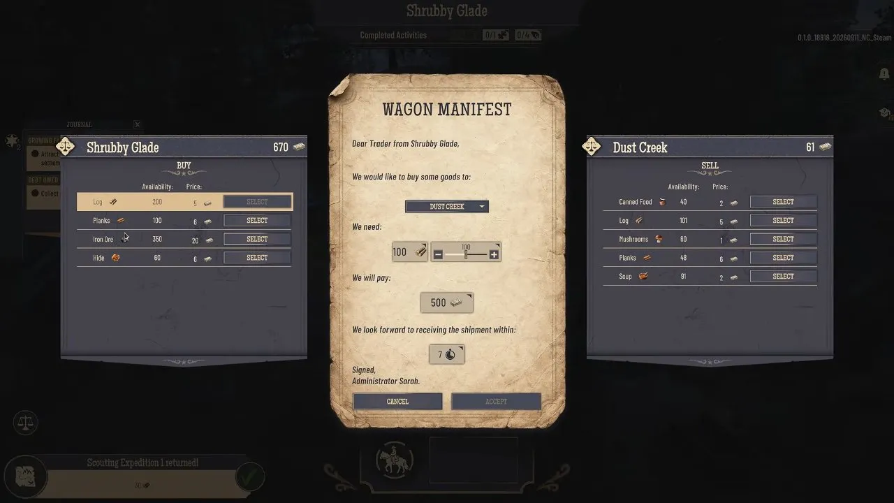 The trade window: Shrubby Glade's stock on the left includes Iron Ore, with your order on the wagon manifest. Wild West Pioneers wagon manifest trading with Shrubby Glade showing iron ore for sale
