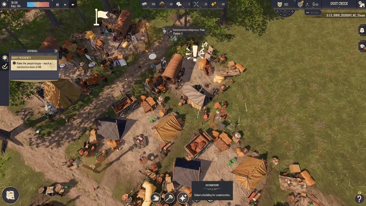 The Decorations menu: pick the decoration again and place it in the new spot. Wild West Pioneers settlement with the Decorations build menu open