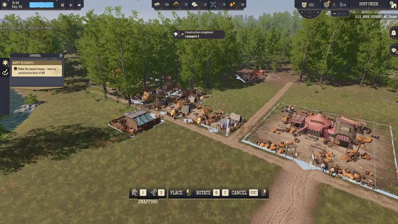 Placement mode: Place, Rotate with Q and E, Cancel with Esc. Wild West Pioneers decoration placement mode with Place, Rotate Q E and Cancel Esc controls